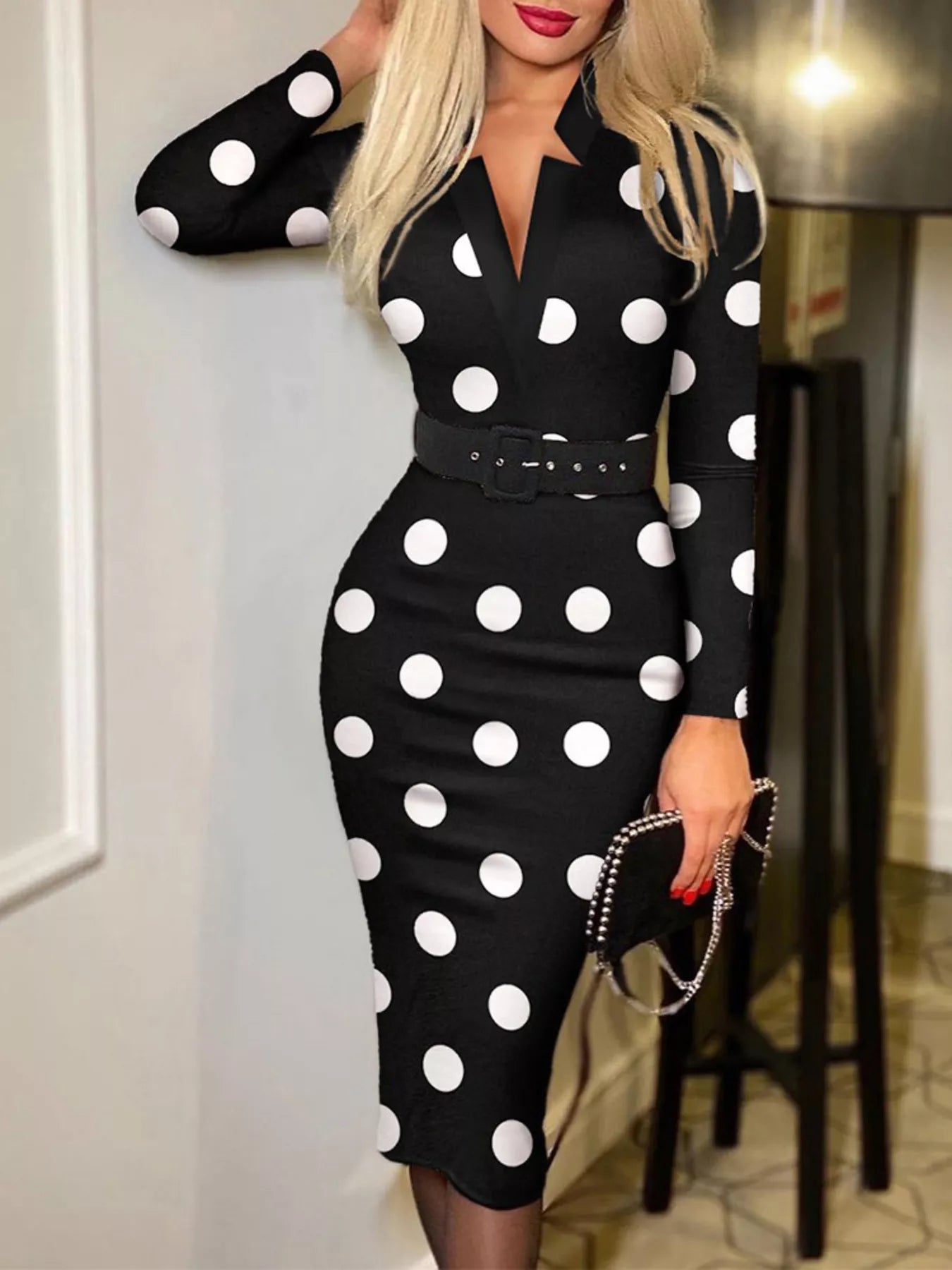 Full Size Notched Long Sleeve Dress Plus Size Dot