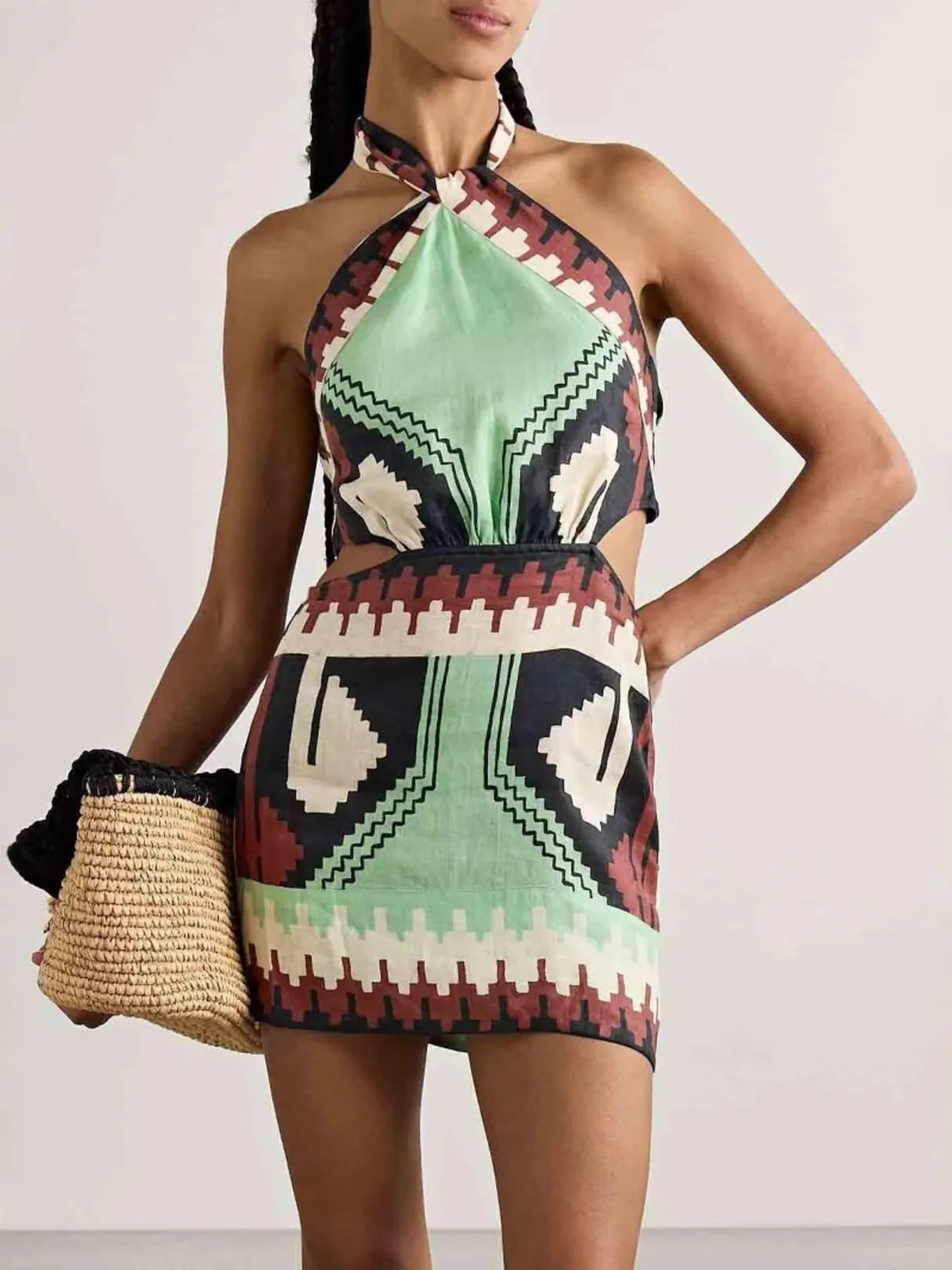 Geometric Print Halter Neck Side Cut Out Mini Dress