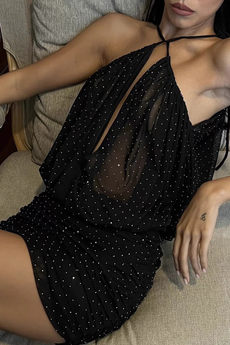 Halter Rhinestone Ruched Mini Dress