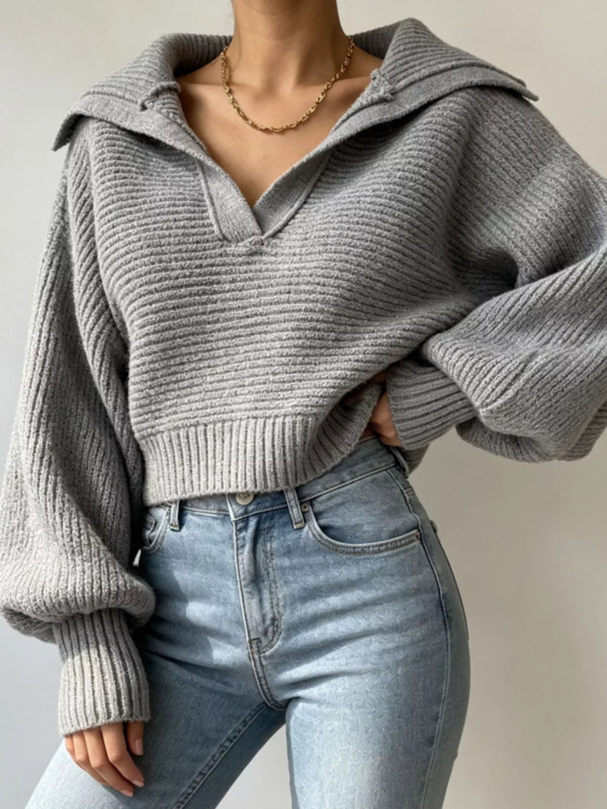 Oversized Sailor Collar V-Neck Lantern Sleeve Ribbed Knit Cropped Sweater