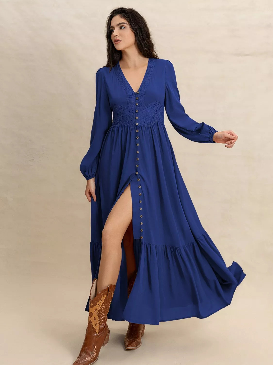 Lace Trim V-Neck Long Sleeve Button Front Tiered Maxi Dress 11