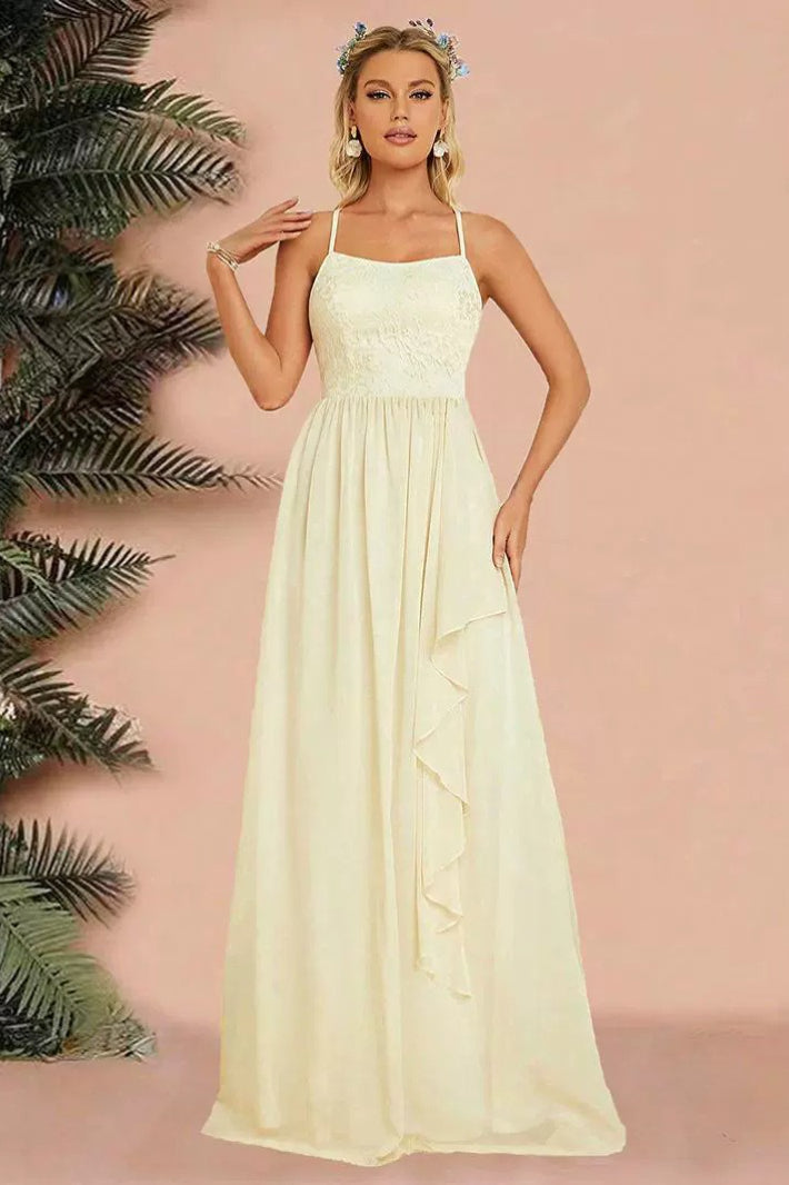 Lace Square Neck Spaghetti Strap Chiffon A-Line Maxi Dress