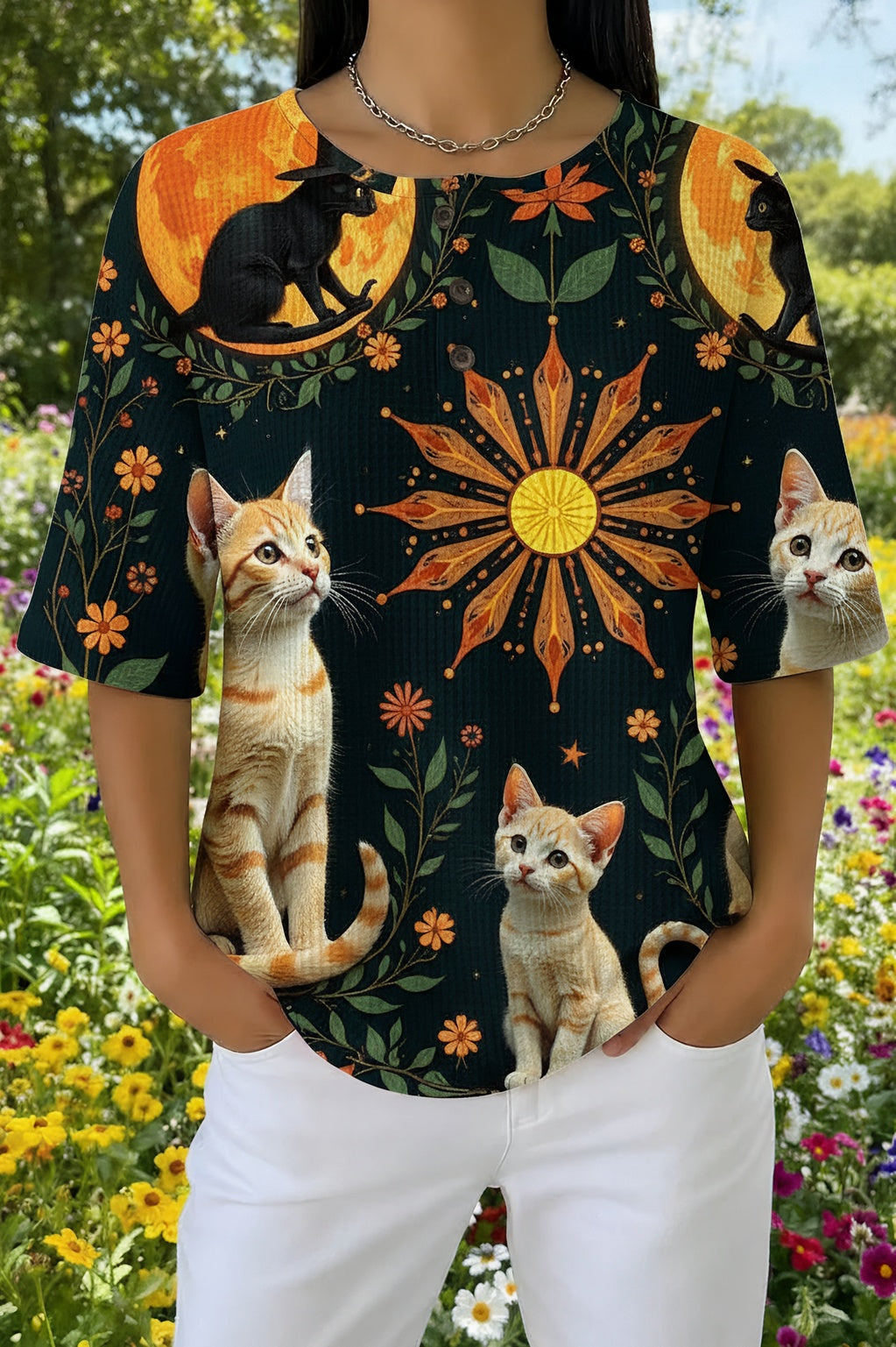 Womens Black Celestial Sun Cat Print Casual Shirt