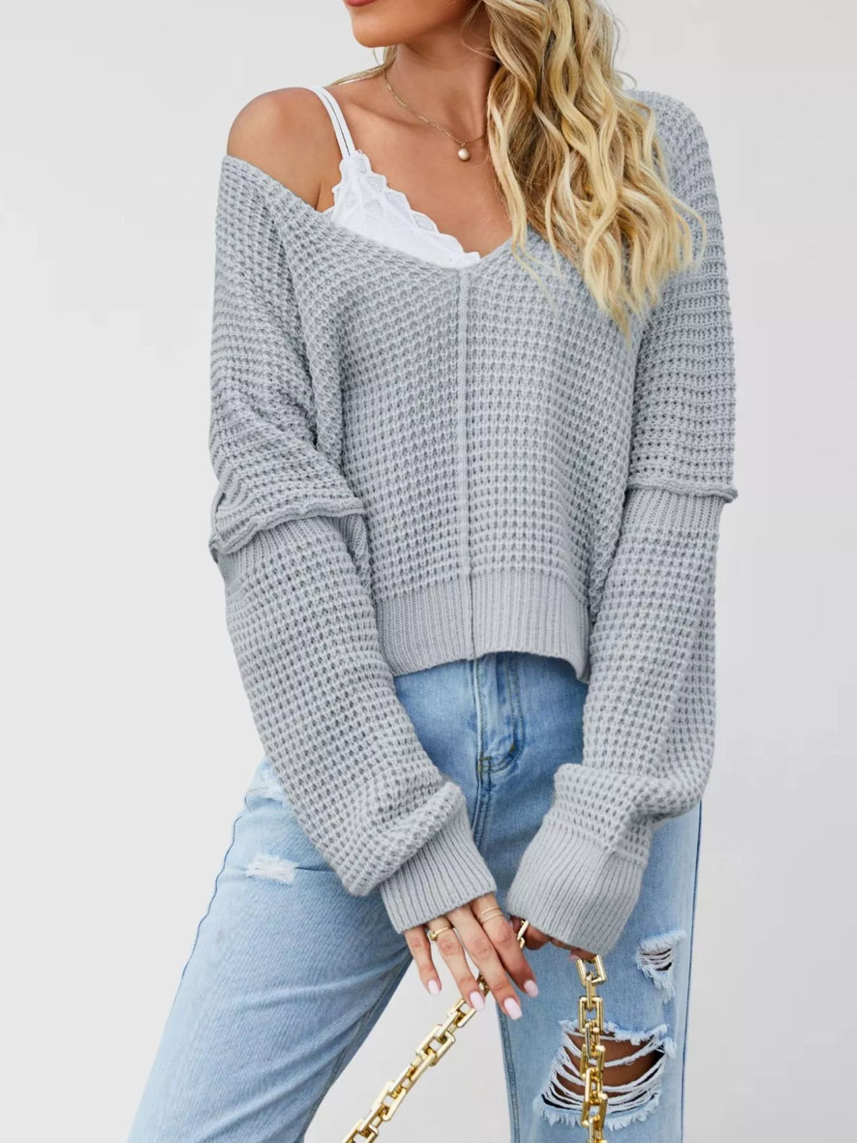 V-Neck Waffle Knit Drop Shoulder Exposed Seam Long Sleeve Sweater