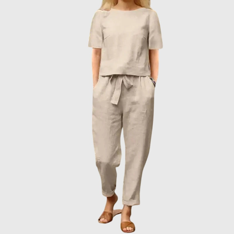 Short Sleeve Top and Tie Waist Tapered Pants Two Piece Set