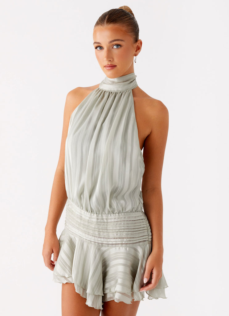 Halter High Neck Striped Chiffon Drop Waist Ruffle Mini Dress 4