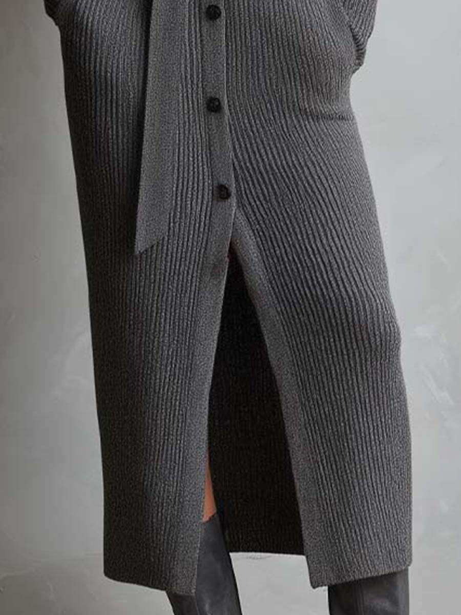 Ribbed Knit Belted Maxi Cardigan Dress With Shawl Collar - FashionAxe