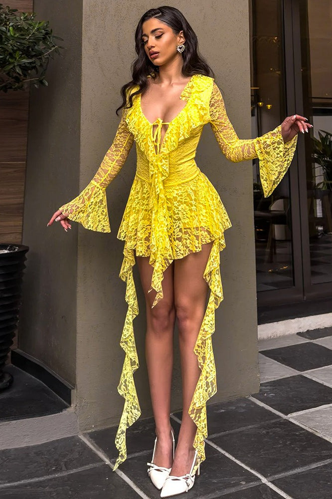Lace Ruffle Ribbon Long Sleeve Mini Lace Dress