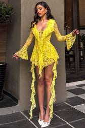 Lace Ruffle Ribbon Long Sleeve Mini Lace Dress