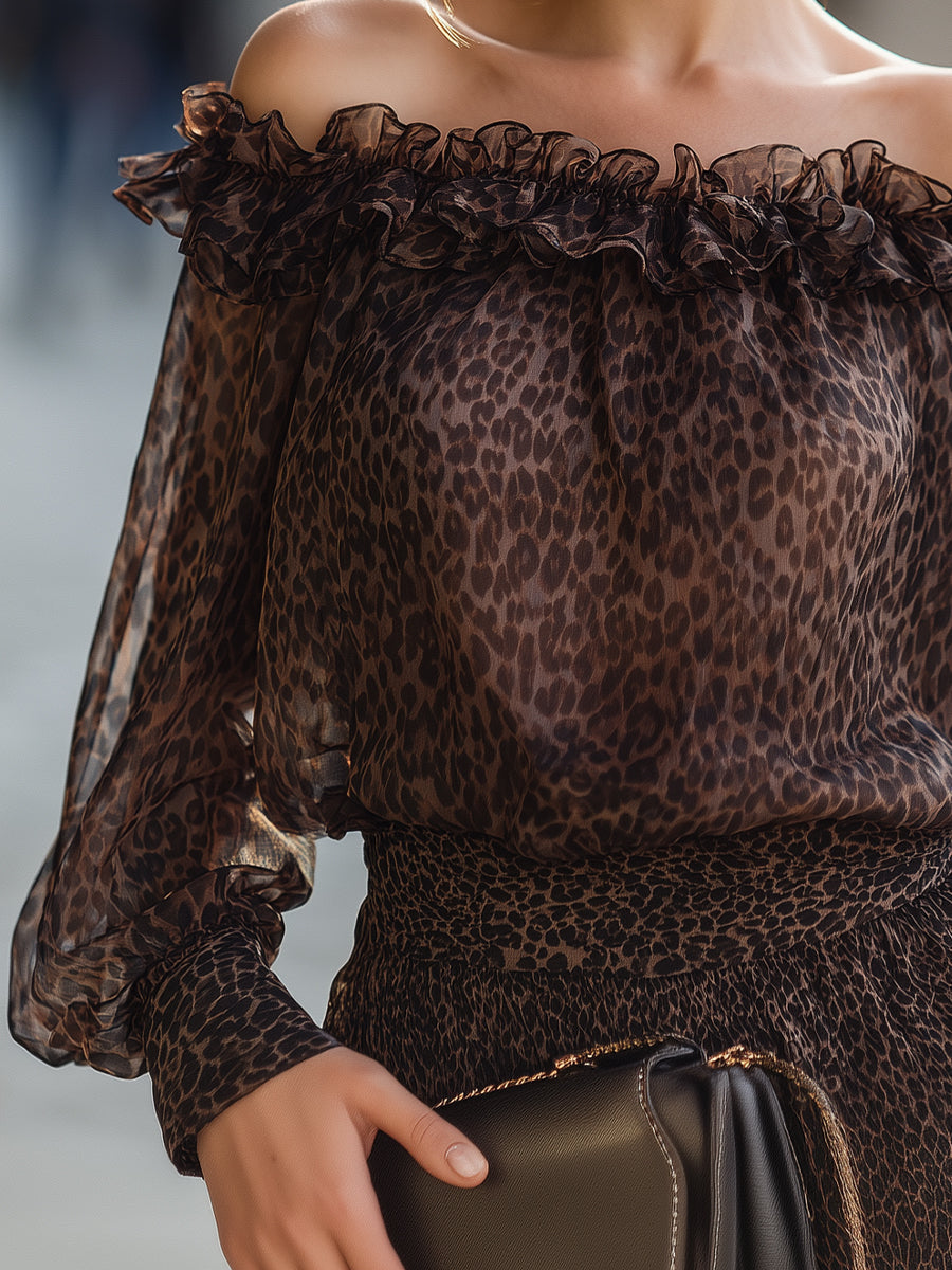 Leopard Print Off Shoulder Ruffle Long Sleeve Blouse