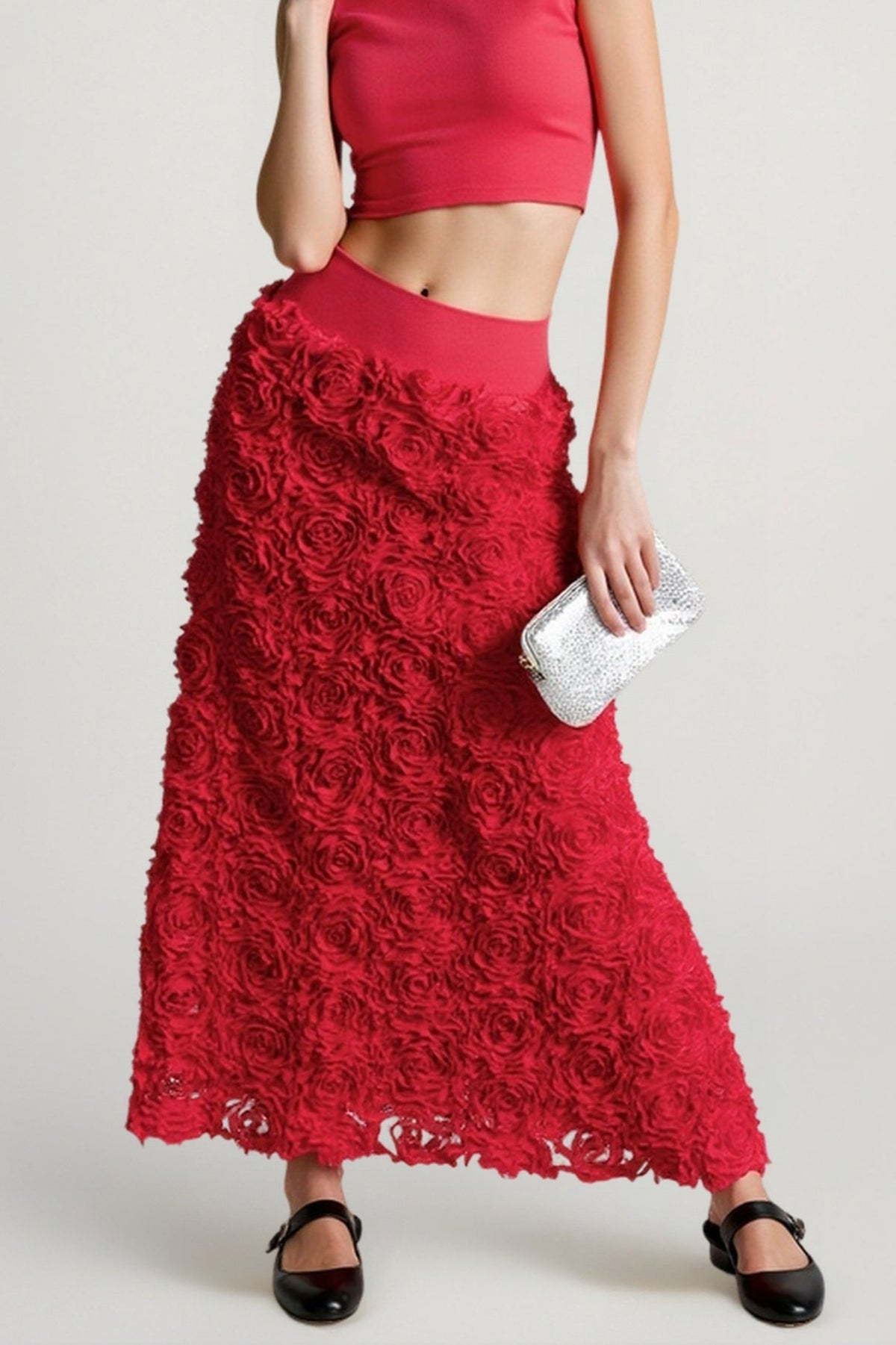 High Waist Rosette Floral Applique Textured Maxi Skirt 3