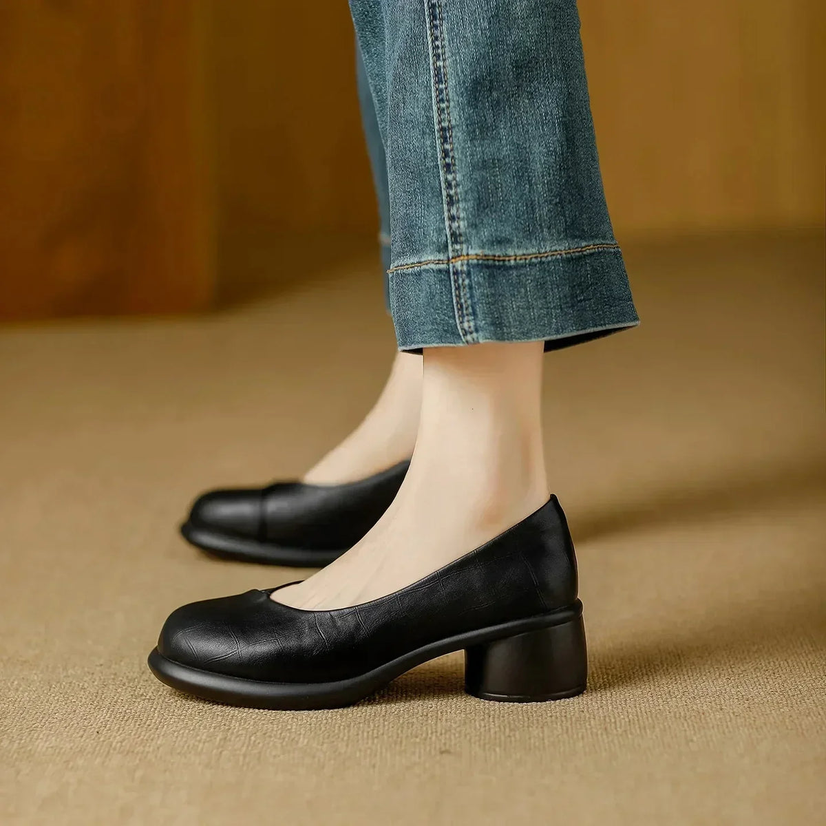Round Toe Slip On Chunky Block Heel Pumps