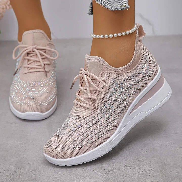 Rhinestone Mesh Lace Up Wedge Sneakers