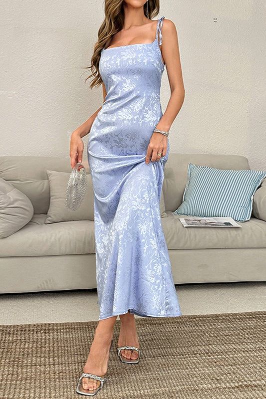 Jacquard Square Neck Spaghetti Strap Mermaid Maxi Dress