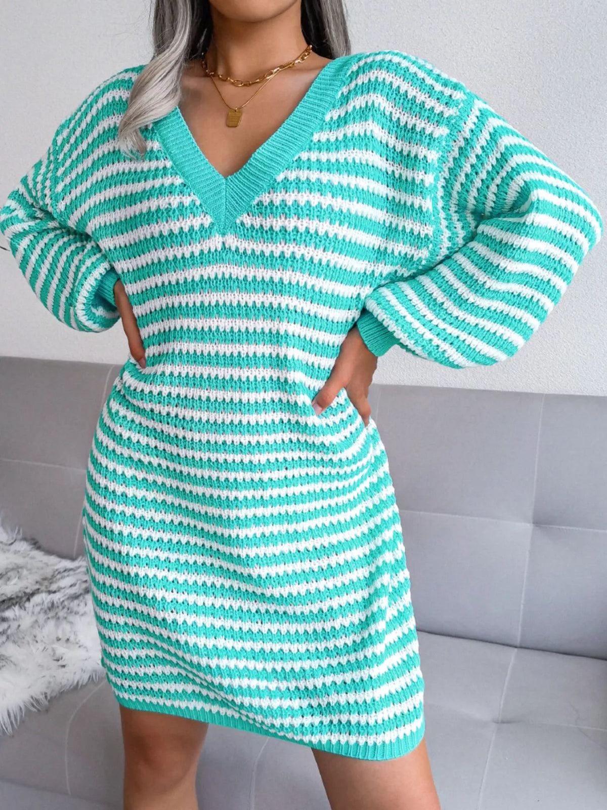 Striped Knit V-Neck Balloon Sleeve Oversized Sweater Dress 8