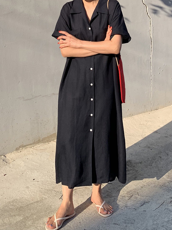 Notched Collar Button Front Patch Pocket Rolled Short Sleeve Maxi Shirt Dress