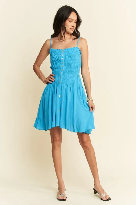 Davi & Dani Smocking Bodice Sleeveless Button Down Mini Dress