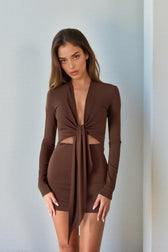 Square Neck Lace Trim Mini Dress in Brown - View 2