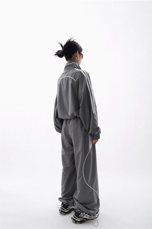 Side Stripe Stand Collar Zip Track Jacket and Wide Leg Track Pants Two Piece Set 4