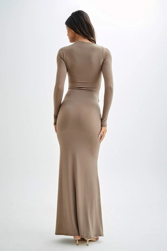 Crew Neck Long Sleeve Draped Tie Waist Bodycon Maxi Dress 4