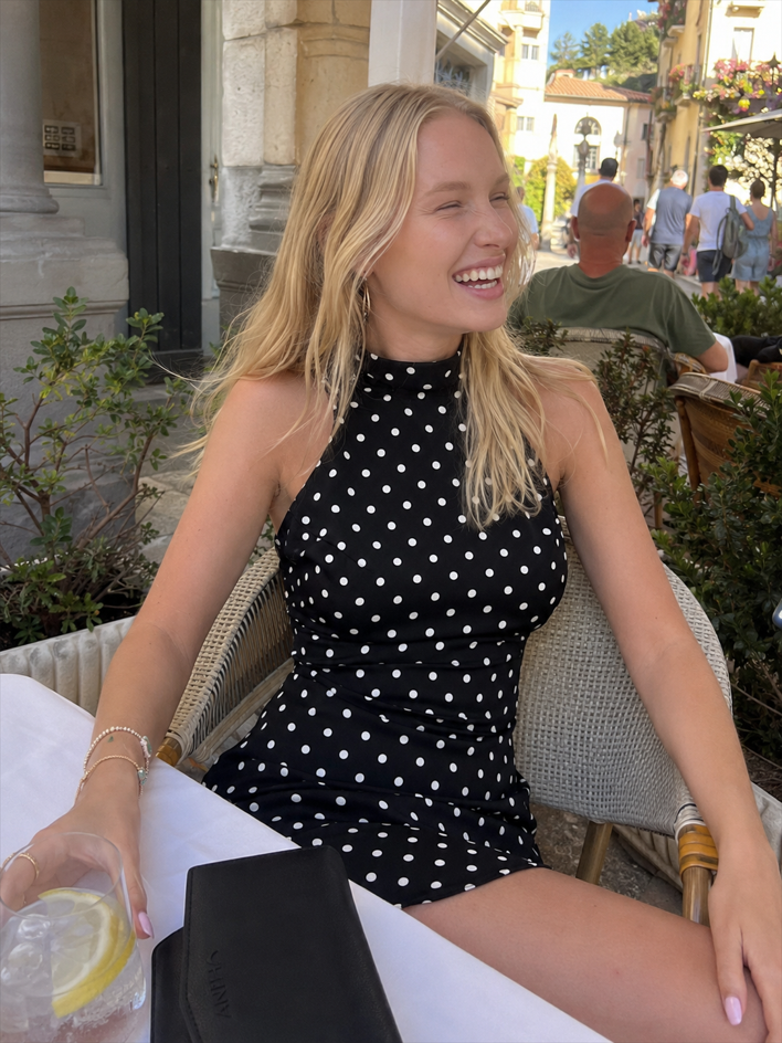 Polka Dot Halter Backless Bodycon Mini Dress