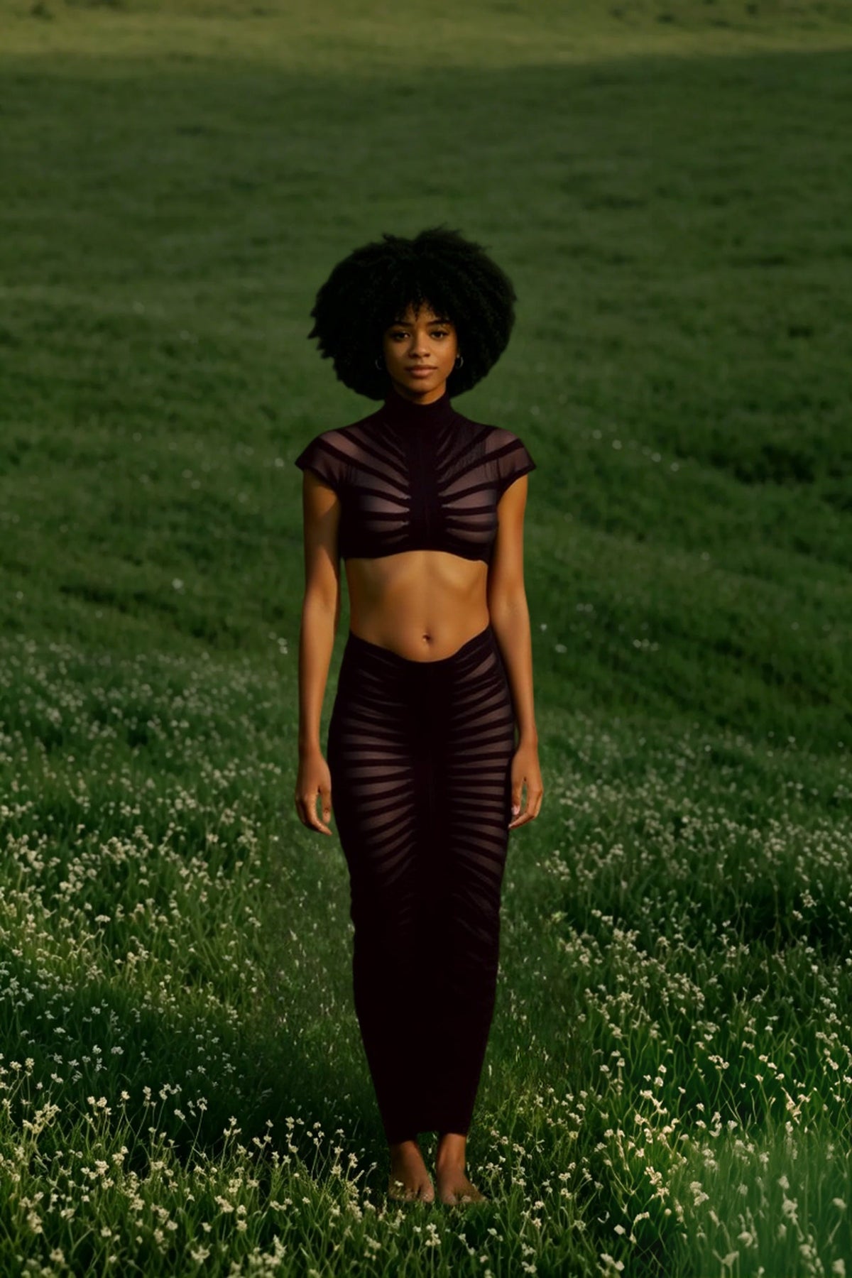 Sheer Stripe Knit Mock Neck Crop Top and Maxi Skirt Two Piece Set 2