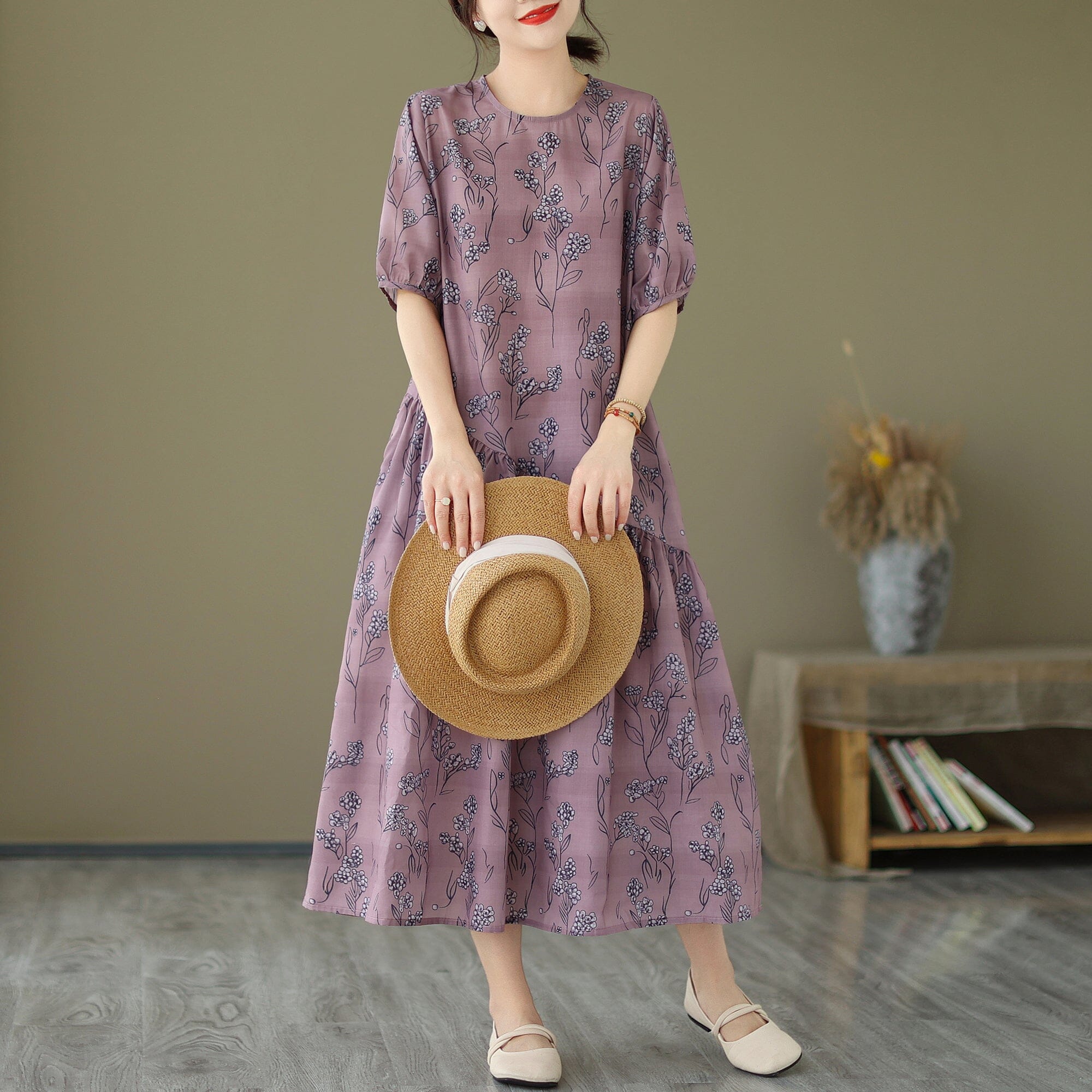 Floral Print Round Neck Short Puff Sleeve Asymmetrical Ruffle Tier Midi Dress