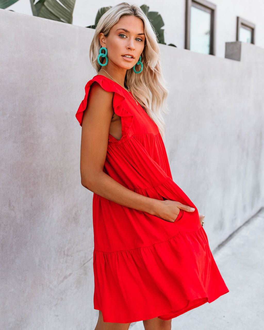 East Coast Pocketed Tiered Babydoll Dress Red