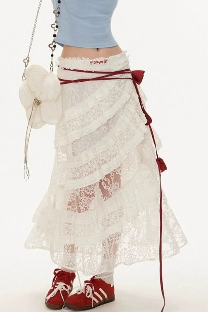 Sheer Floral Lace Tiered Ruffle Asymmetric Midi Skirt 3