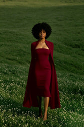 Cape Long Sleeve Back Slit Midi Dress