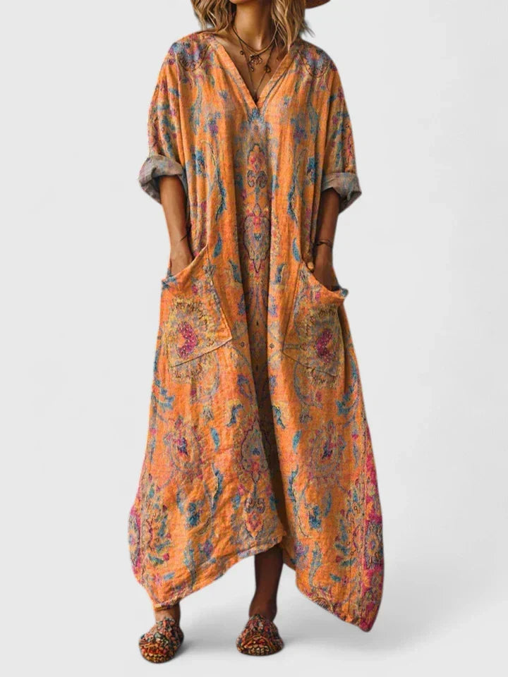 Ornate Print V-Neck Pocket Kaftan Maxi Dress 2
