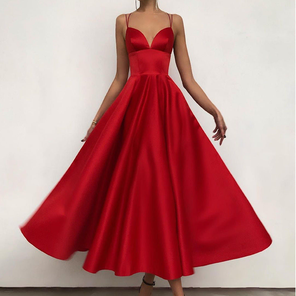 Satin Deep V-Neck Spaghetti Strap Fit and Flare Midi Dress 7