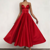 Satin Deep V-Neck Spaghetti Strap Fit and Flare Midi Dress 7