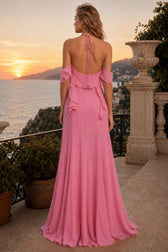 Side Slit Halter Backless Flounce Maxi Slip Dress
