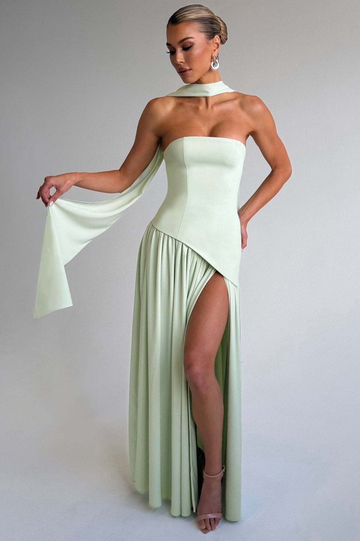 Strapless Scarf Neck High Split Draped Maxi Gown