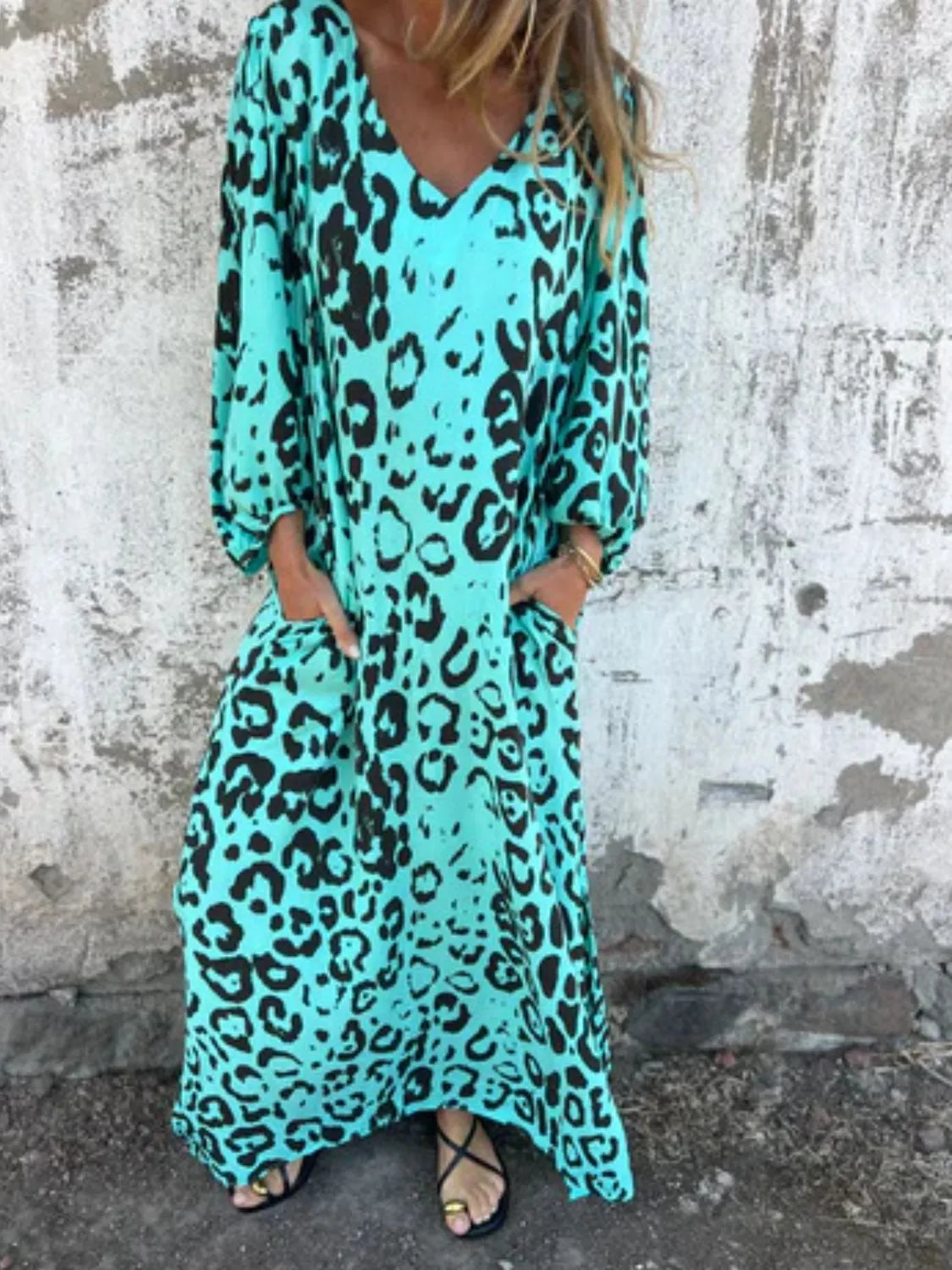 Full Size Printed V-Neck Dress with Pockets Plus Size Aqua