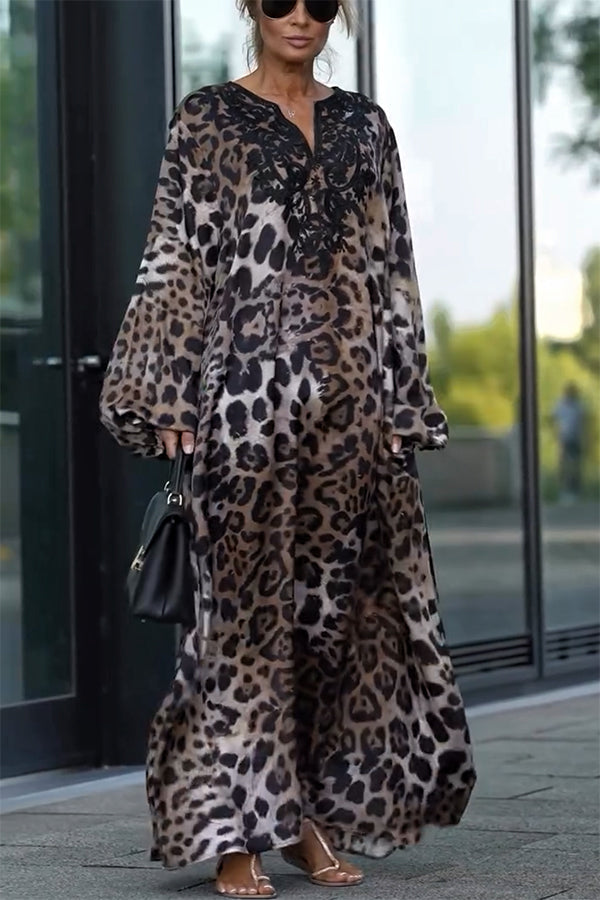 Leopard Print Lace Applique Notch Neck Balloon Sleeve Maxi Dress