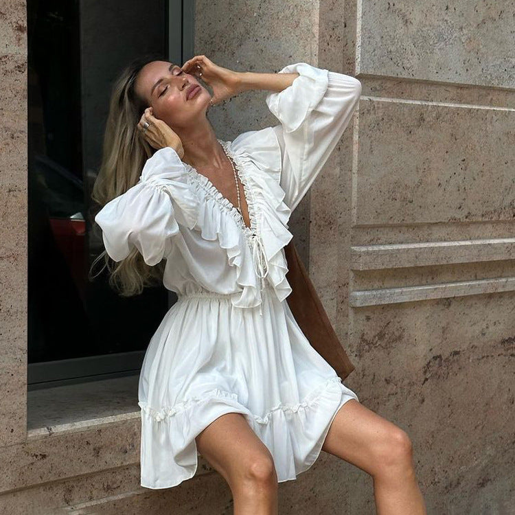Ruffle Deep V-Neck Flounce Long Sleeve Tiered Mini Dress 4