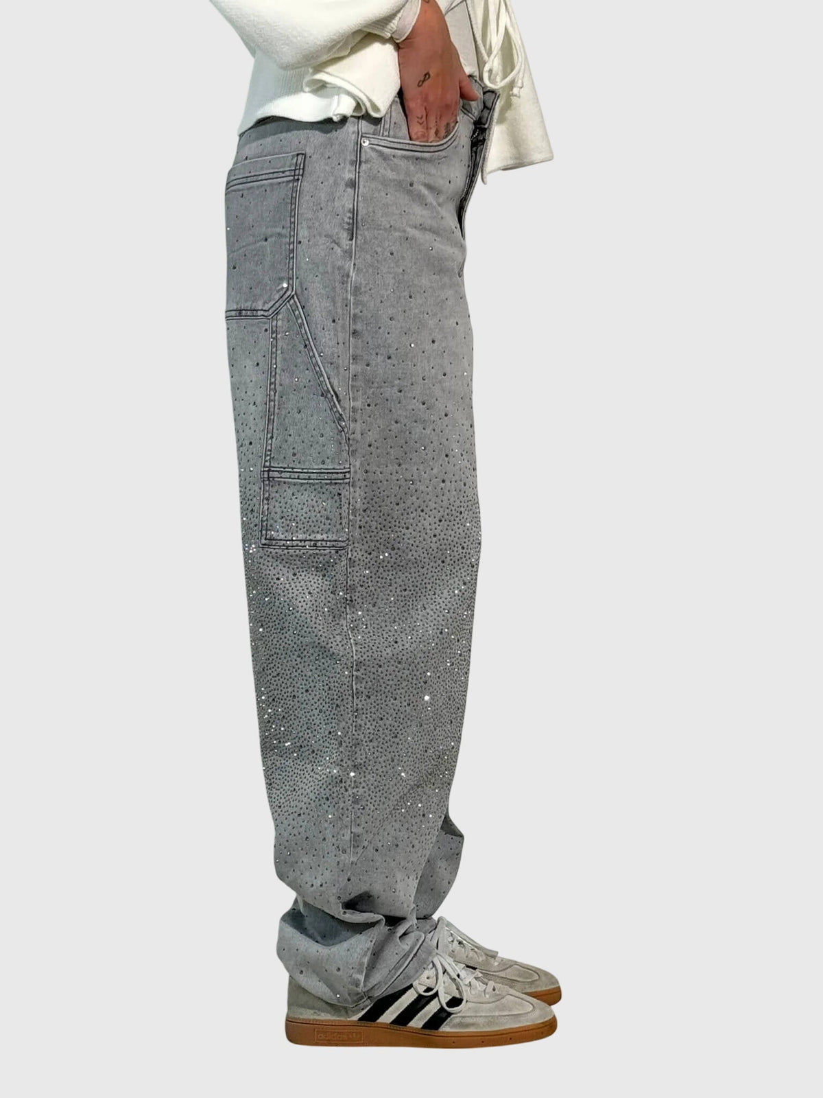 Rhinestone Embellished Wide Leg Cargo Jeans