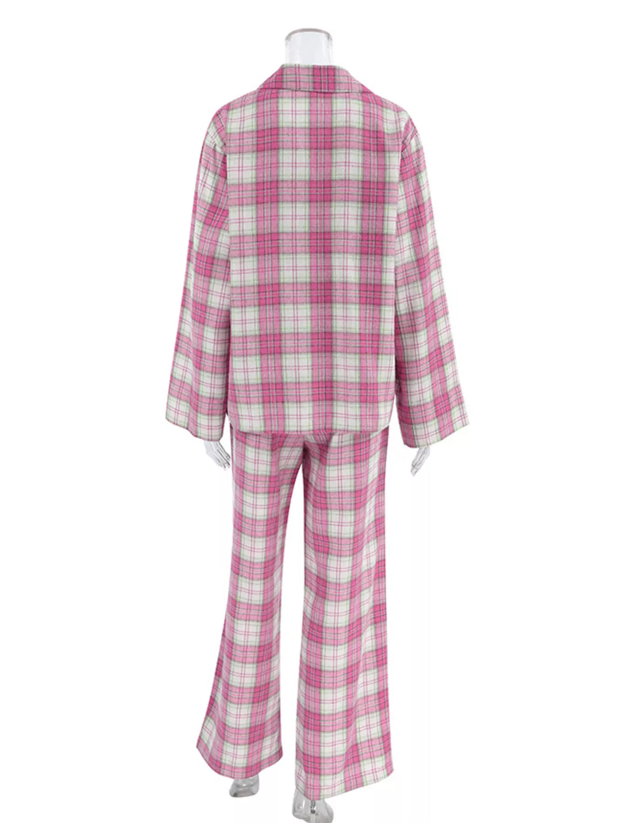 Plaid Long Sleeve Shirt and Elastic Waist Wide Leg Pants Two Piece Set 4