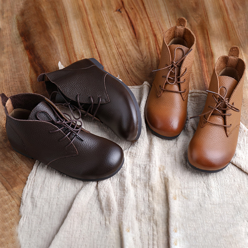 Brush-Off Leather Boots Lace-Up Soft Ankle Booties Casual Work Combat Boots Coffee/Brown
