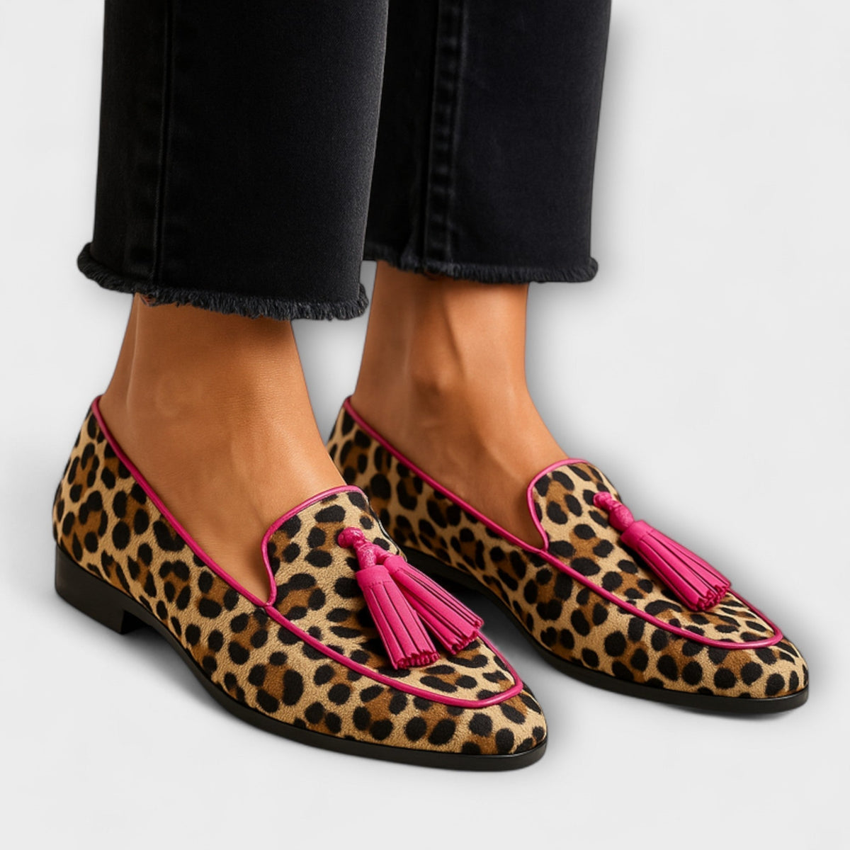 Leopard Print Contrast Piping Tassel Loafers