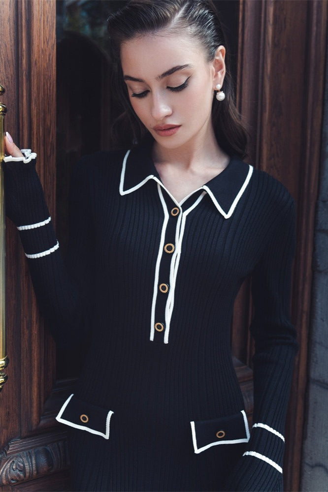 Ruffled Knit Collared Fitted Sweater Dress