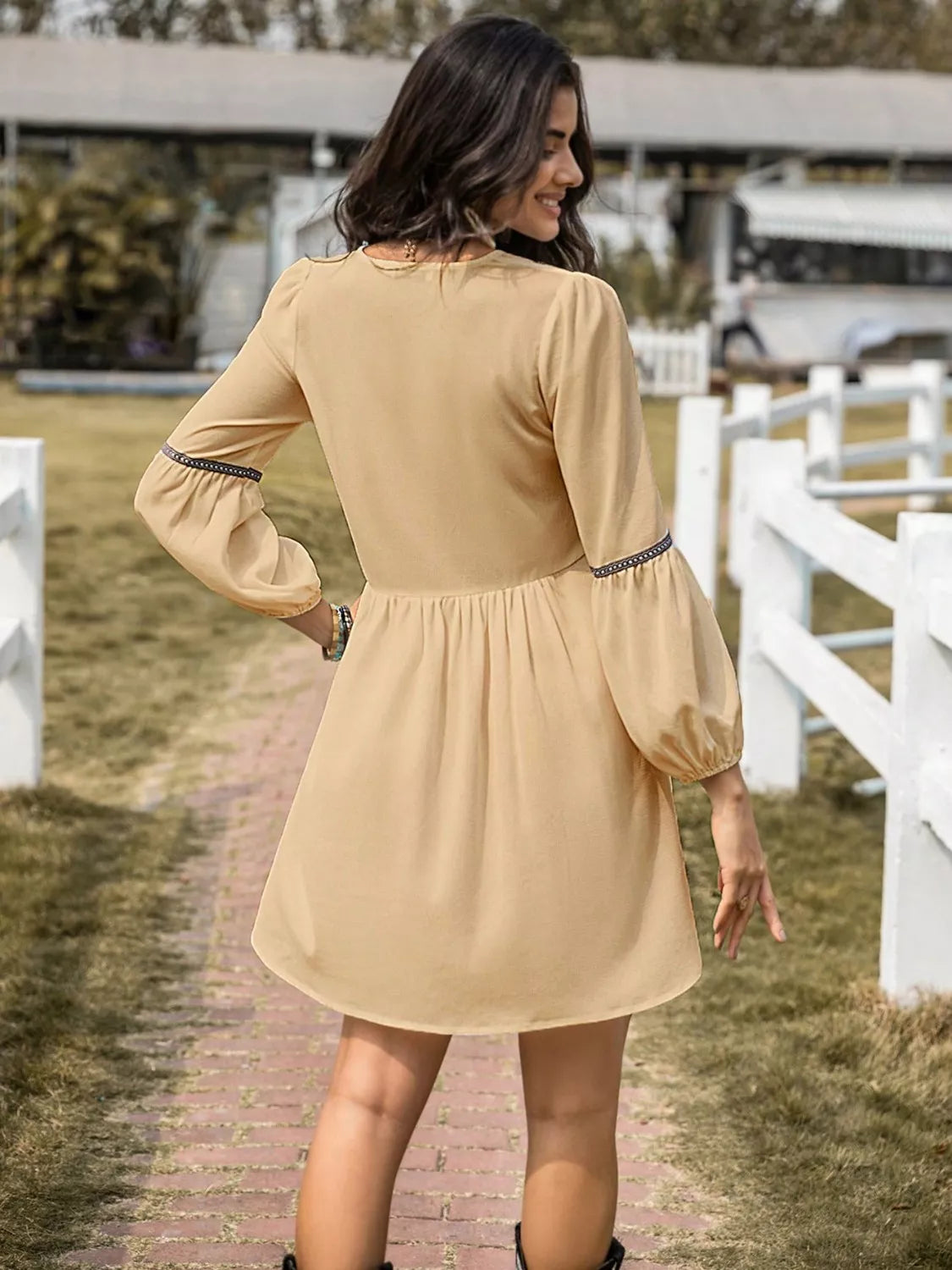 Embroidered Tape Trim Notch Neck Long Sleeve Smock Mini Dress 23