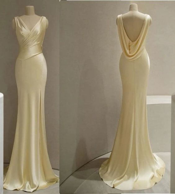 Beautiful V Neck Yellow Satin Prom Dress Mermaid Evening Dress cc1546