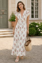 Elegant V Neck Embroidery Waist Long Floral Dress