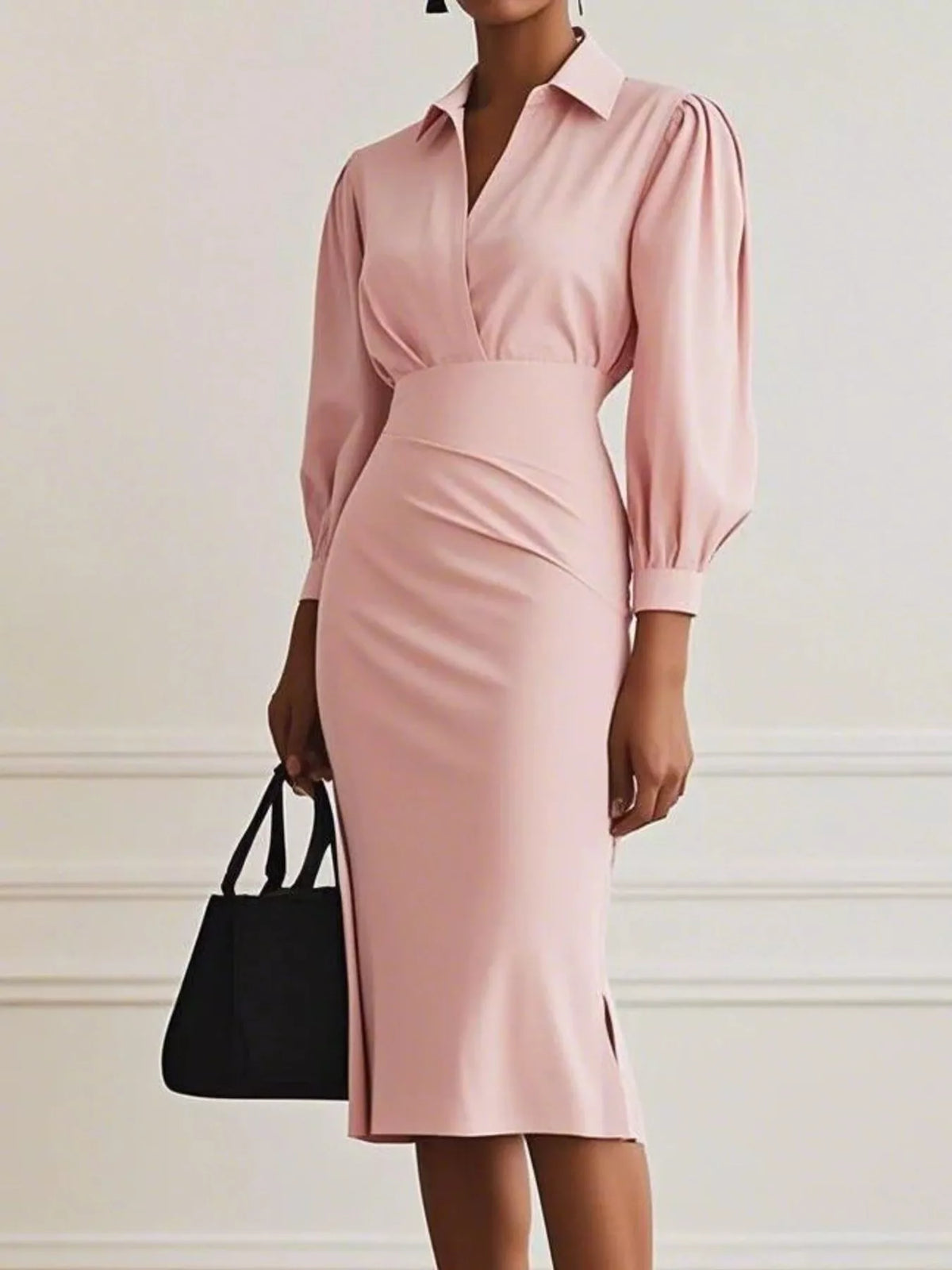 Collared V-Neck Puff Sleeve Ruched Side Slit Midi Shirt Dress 11