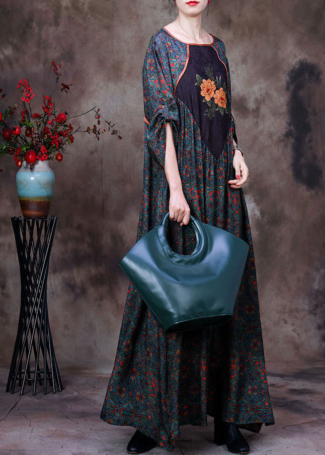 Patchwork Print Round Neck Elbow Sleeve Gathered Waist Boho Maxi Dress