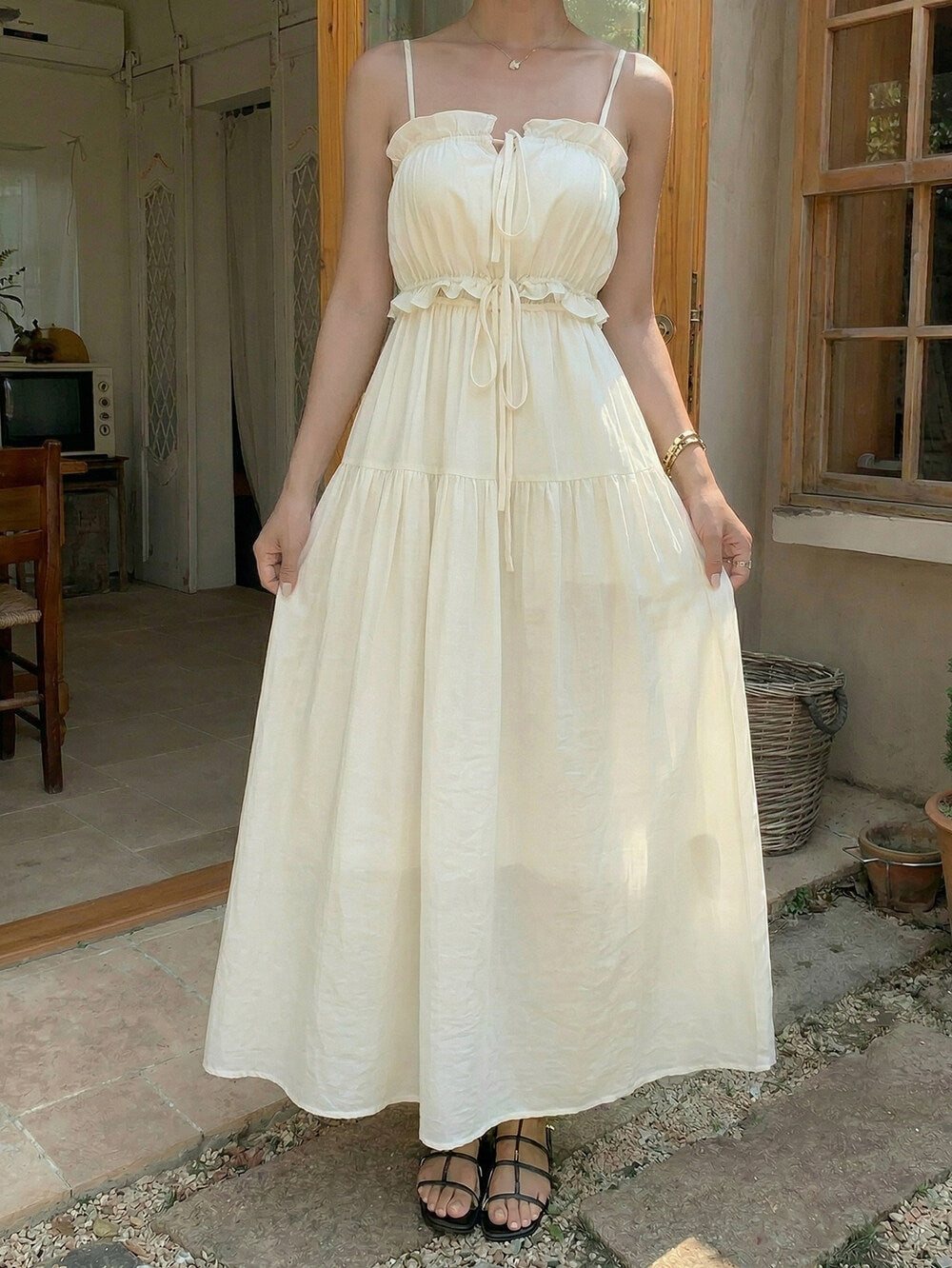 Spaghetti Strap Smocked Tiered A-Line Maxi Dress