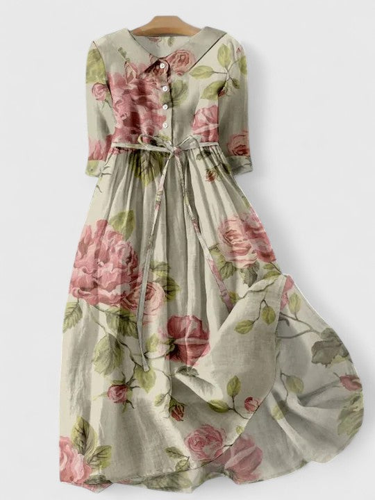 Rose Floral Print Collared Belted Maxi Shirt Dress
